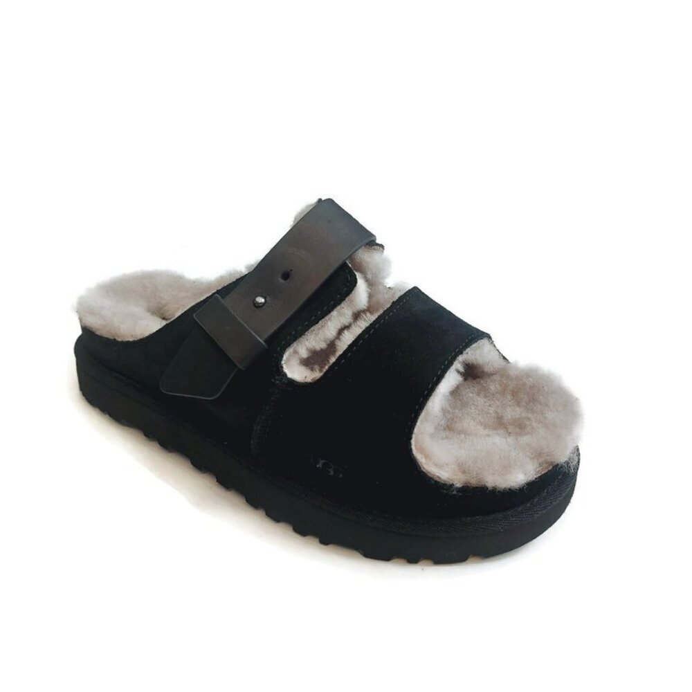 UGG Greenport Womens Size 7 Strap Slide Suede Slipper Sheepskin Black 1167611
